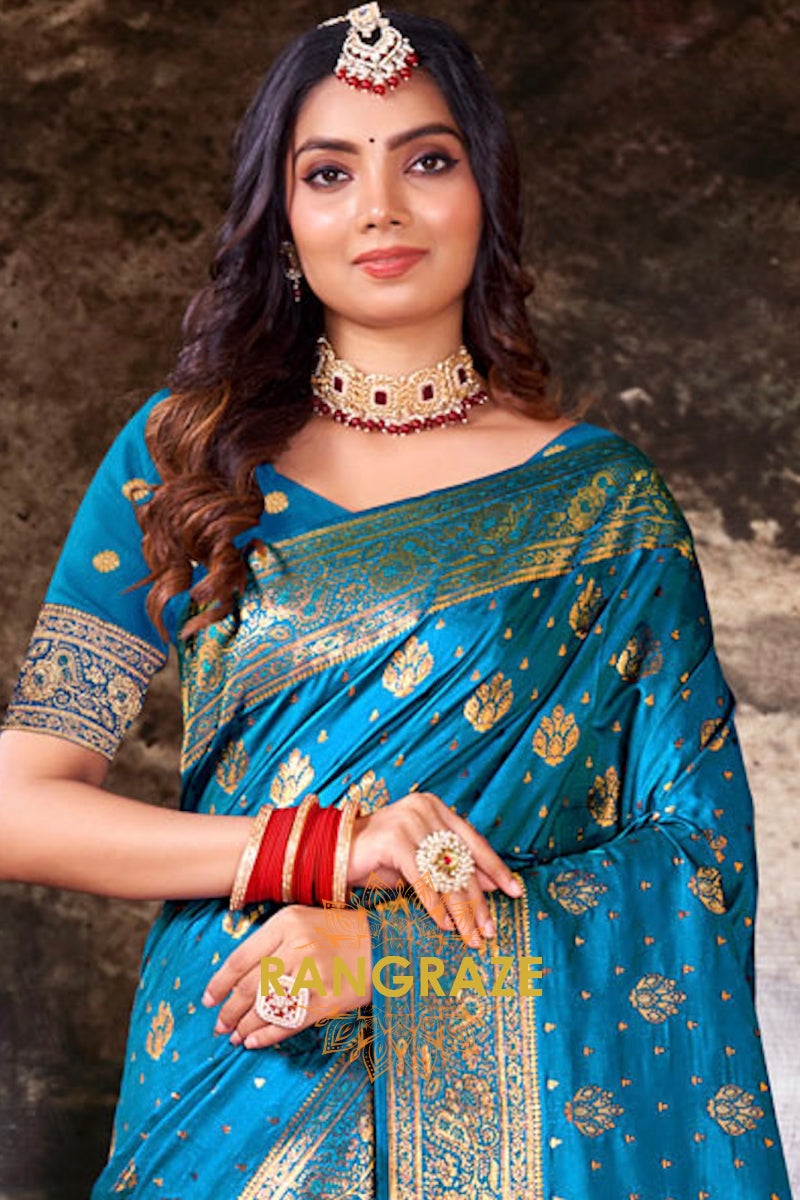 Radiant Turquoise Kanjivaram Silk Saree With Woven Zari Work