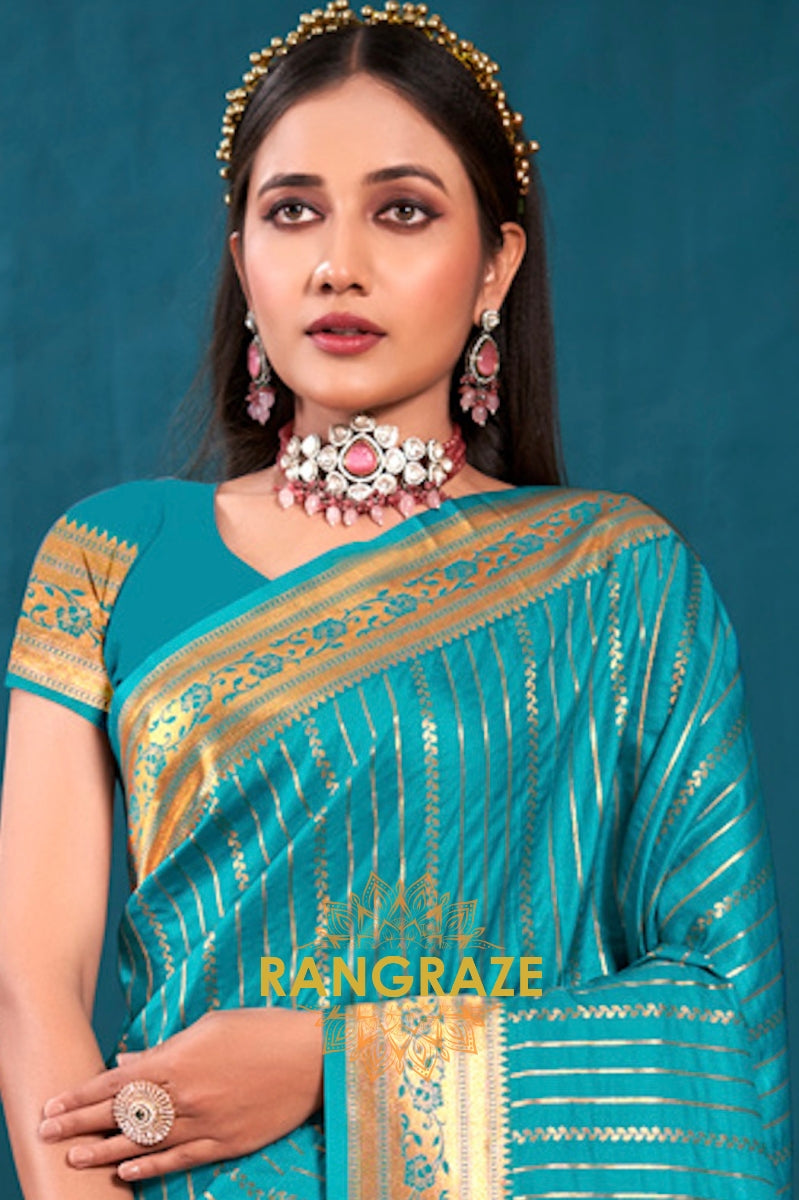 Turquoise Blue Golden Zari Work Paithani Silk Saree