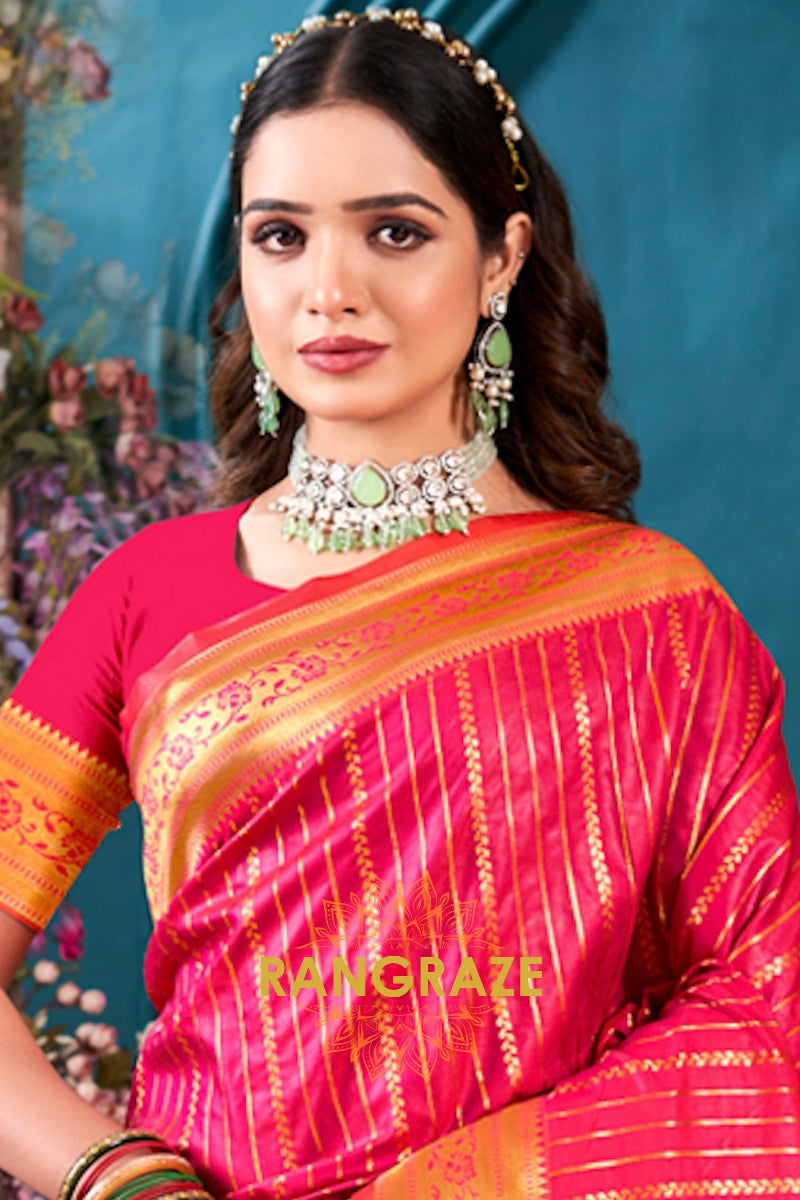 Magenta Pink Golden Zari Work Paithani Silk Saree