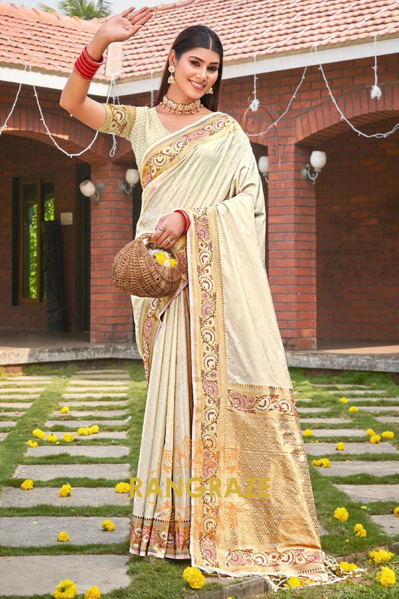 Eternal Beige Kanjivaram Silk Woven Zari Saree