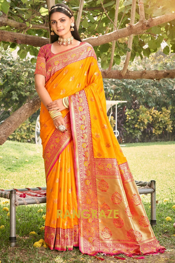 Yellow Antique Fine Silk Banarasi Woven Zari Saree