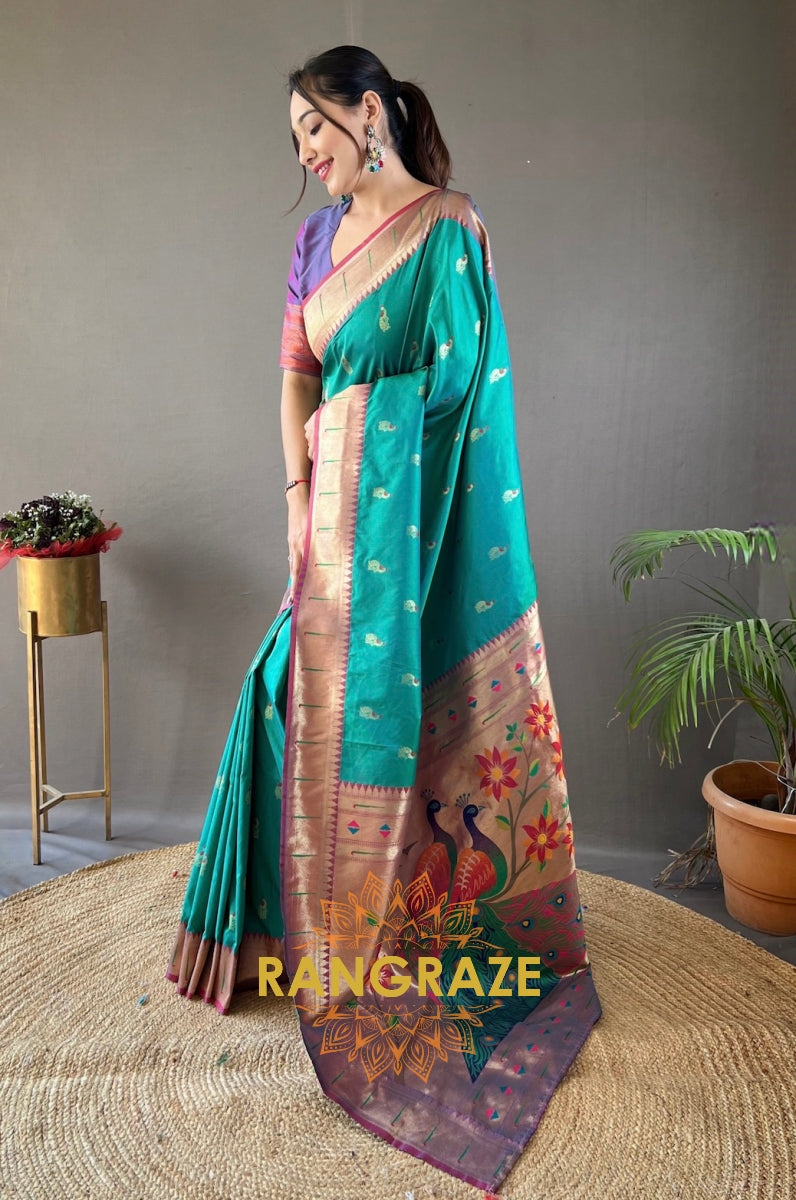 Turquoise Paithani Silk Saree With Golden Zari Peacock Work