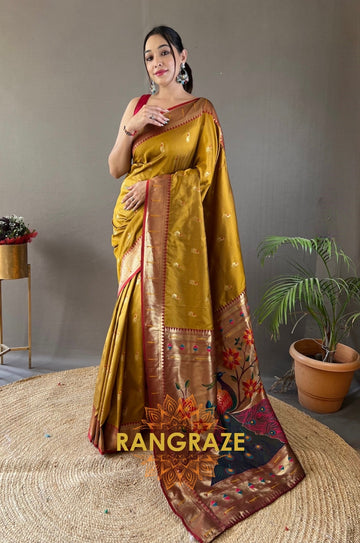 Yellow Golden Paithani Silk Saree With Golden Zari Peacock Work