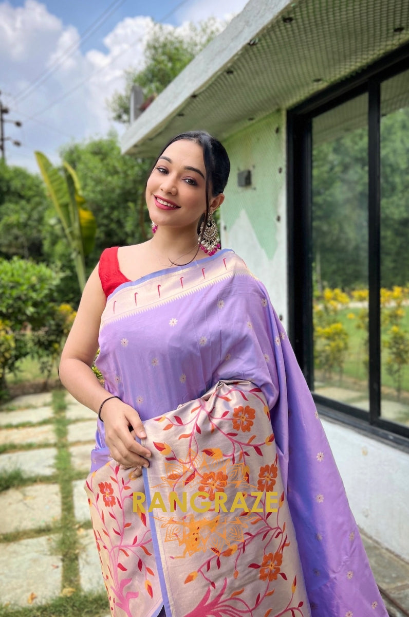 Golden Lilac Lavender Pure Paithani Silk Saree With Traditional Border And Unique Motifs