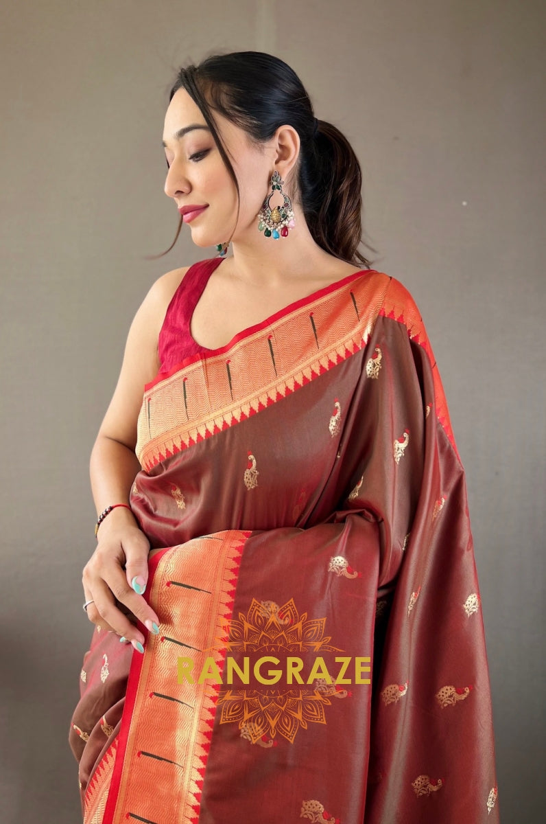 Grey Red Paithani Silk Saree With Golden Zari Peacock Work