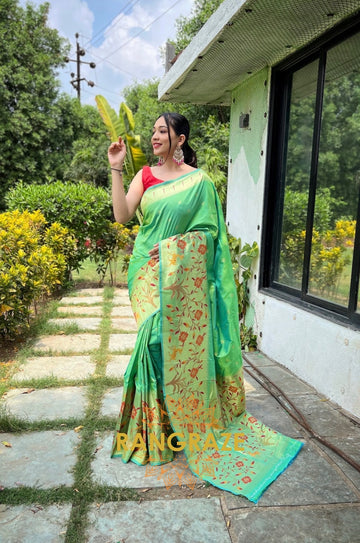 Golden Green Pure Paithani Silk Saree With Traditional Border And Unique Motifs