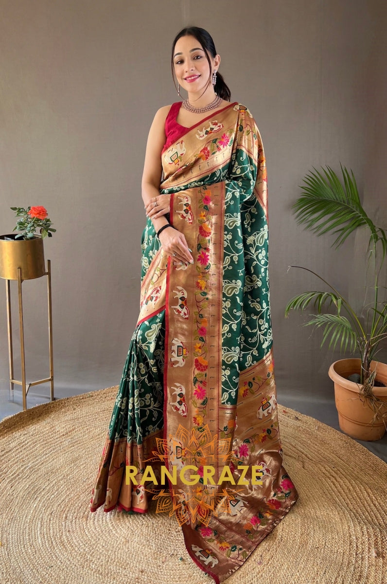 Golden Green Lucknowi Concept Weaving Saree With Paithani And Patola Fusion