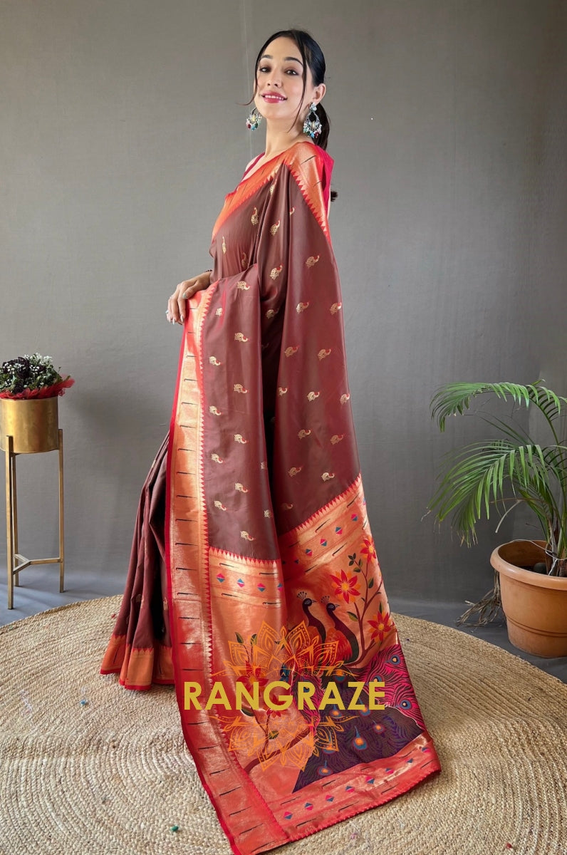 Grey Red Paithani Silk Saree With Golden Zari Peacock Work