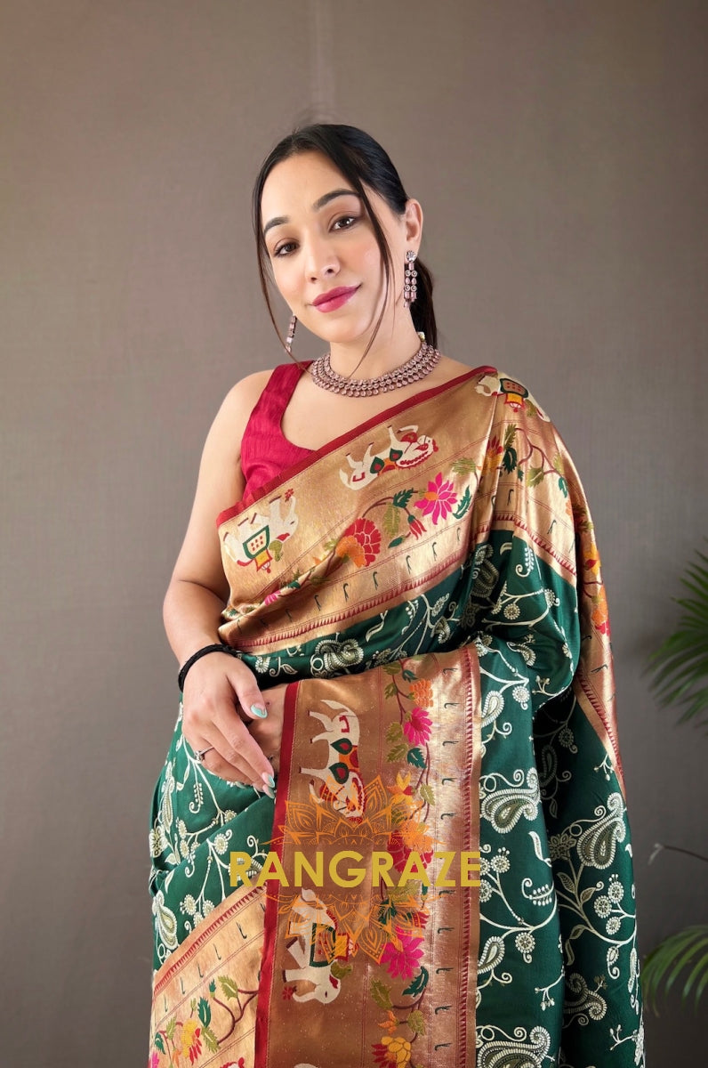 Golden Green Lucknowi Concept Weaving Saree With Paithani And Patola Fusion