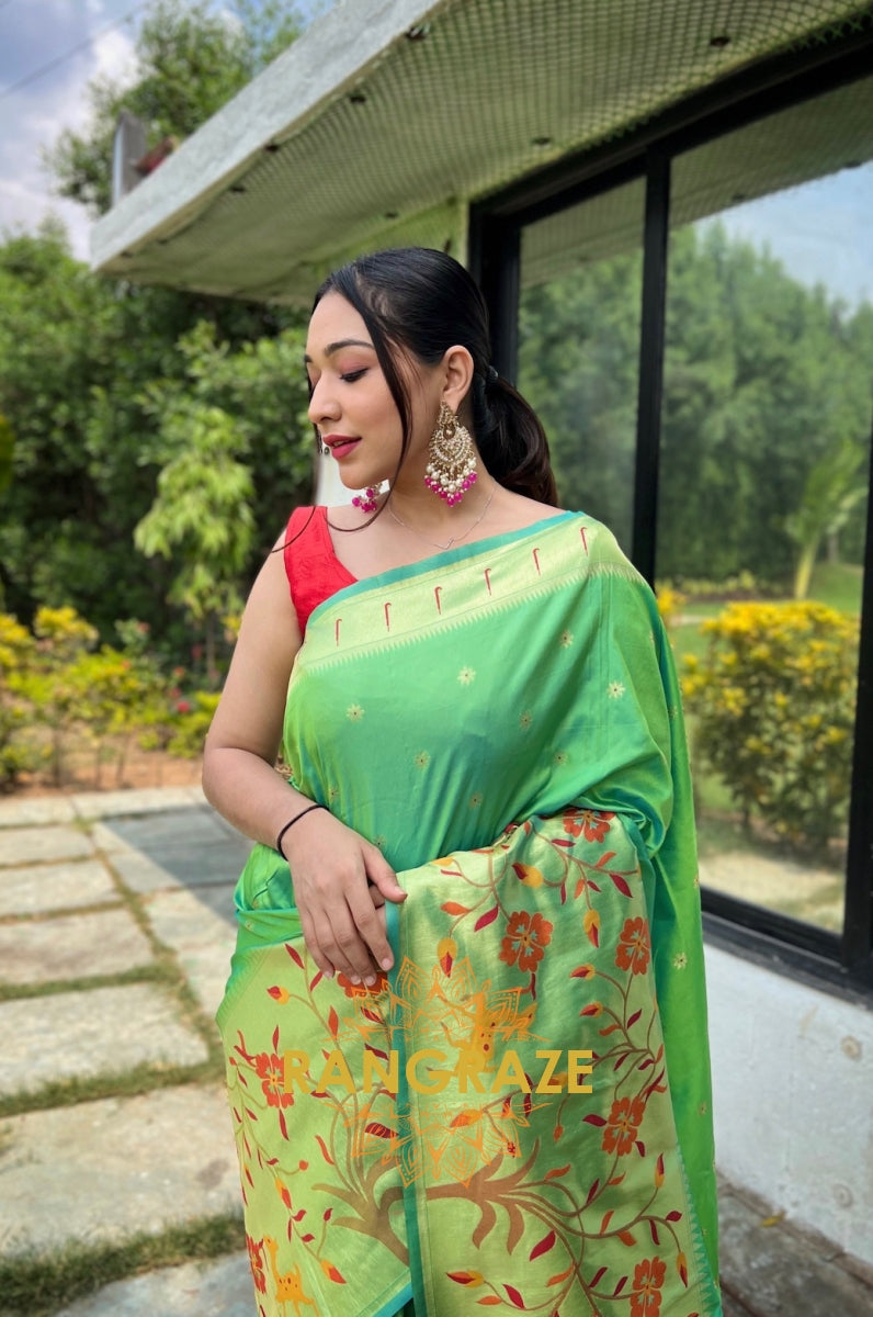 Golden Green Pure Paithani Silk Saree With Traditional Border And Unique Motifs