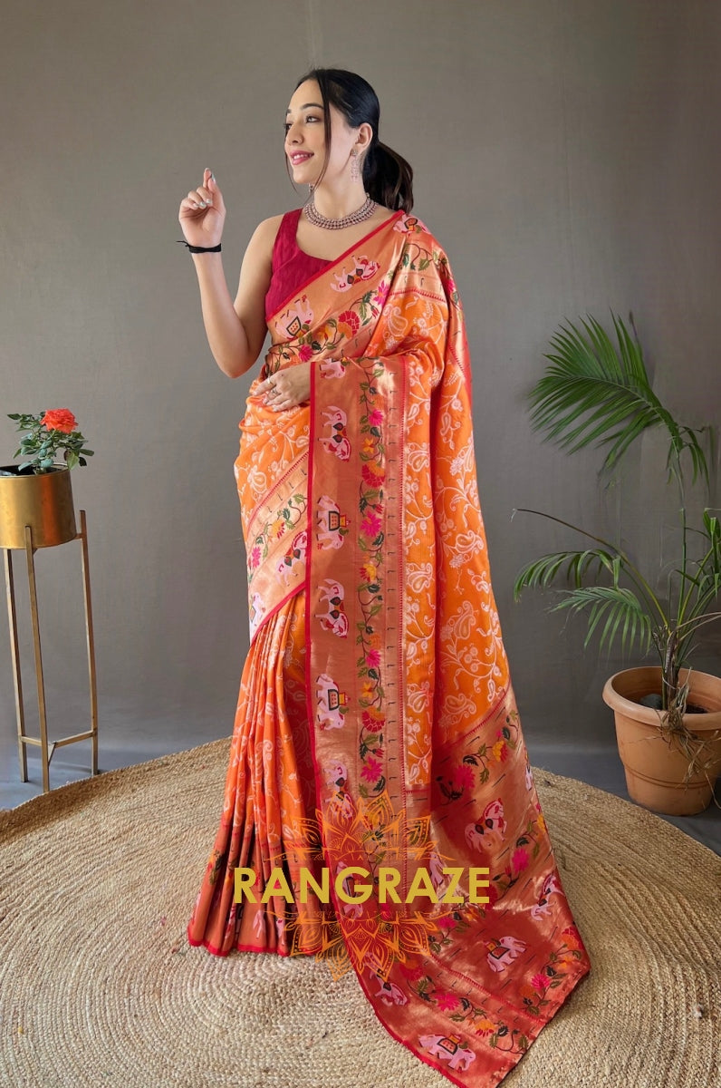 Golden Orange Lucknowi Concept Weaving Saree With Paithani And Patola Fusion