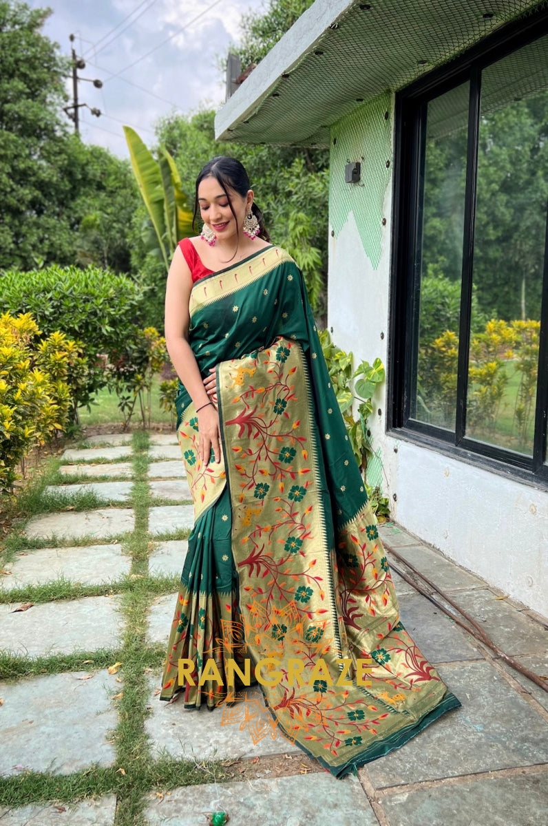 Teal Green Golden Pure Paithani Silk Saree With Traditional Border And Unique Motifs