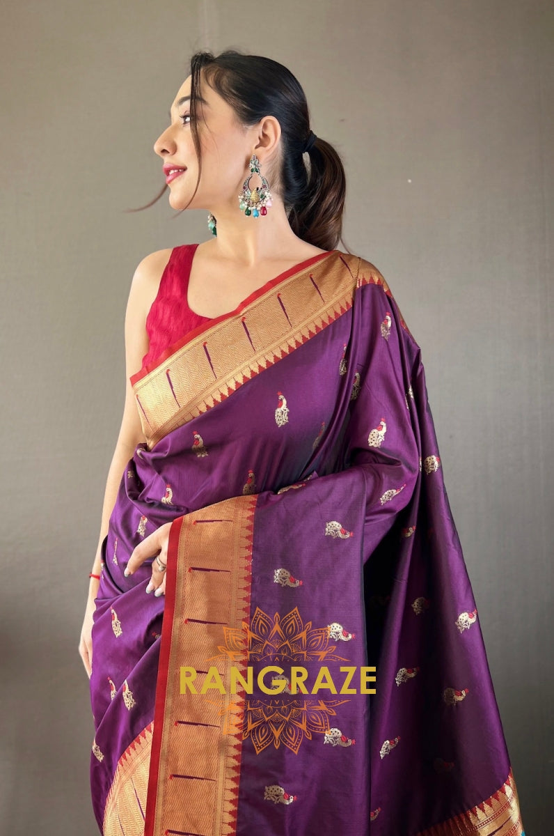 Purple Paithani Silk Saree With Golden Zari Peacock Work