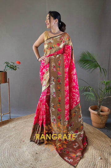 Golden Magenta Lucknowi Concept Weaving Saree With Paithani And Patola Fusion