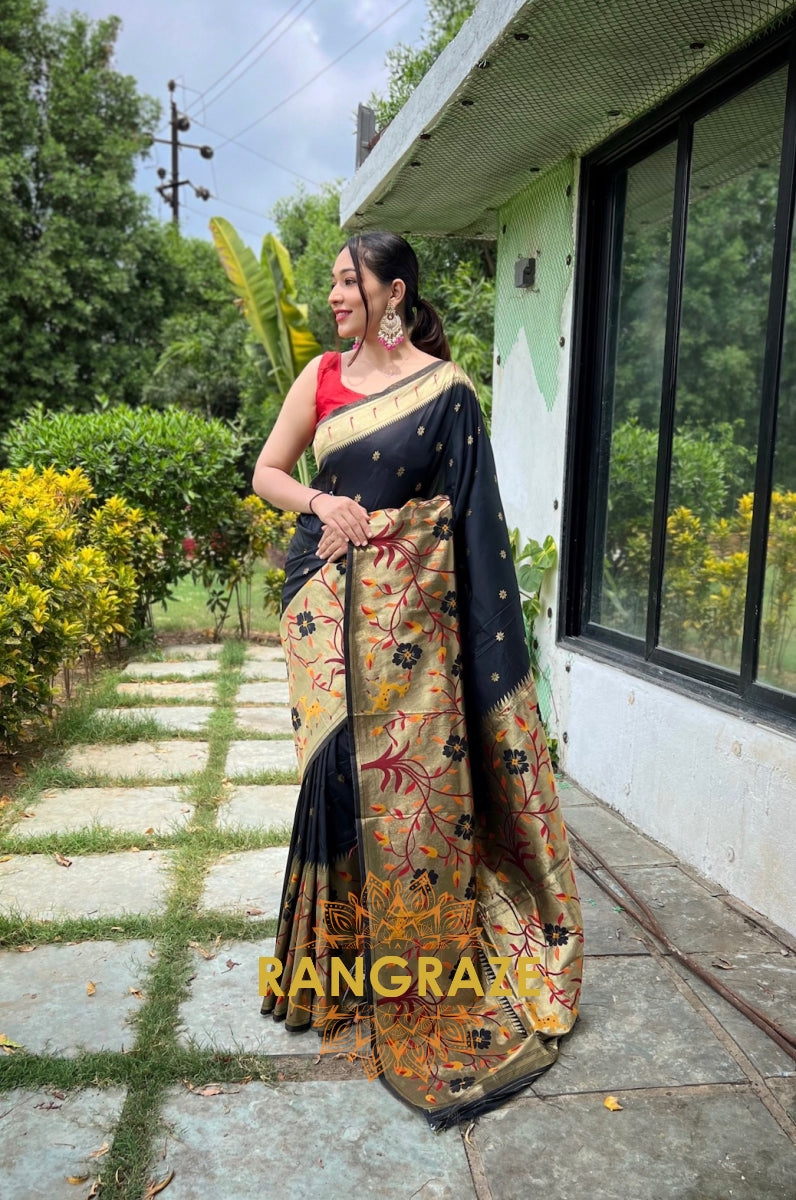 Golden Black Pure Paithani Silk Saree With Traditional Border And Unique Motifs