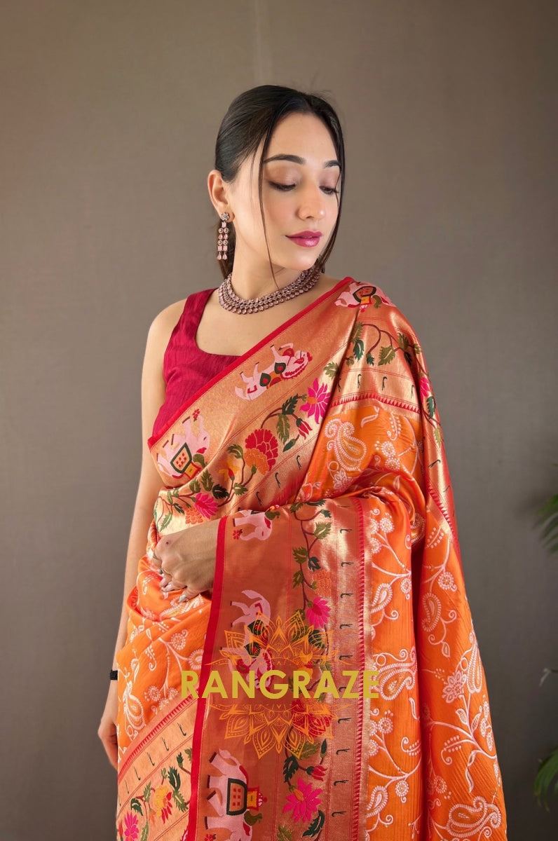 Golden Orange Lucknowi Concept Weaving Saree With Paithani And Patola Fusion