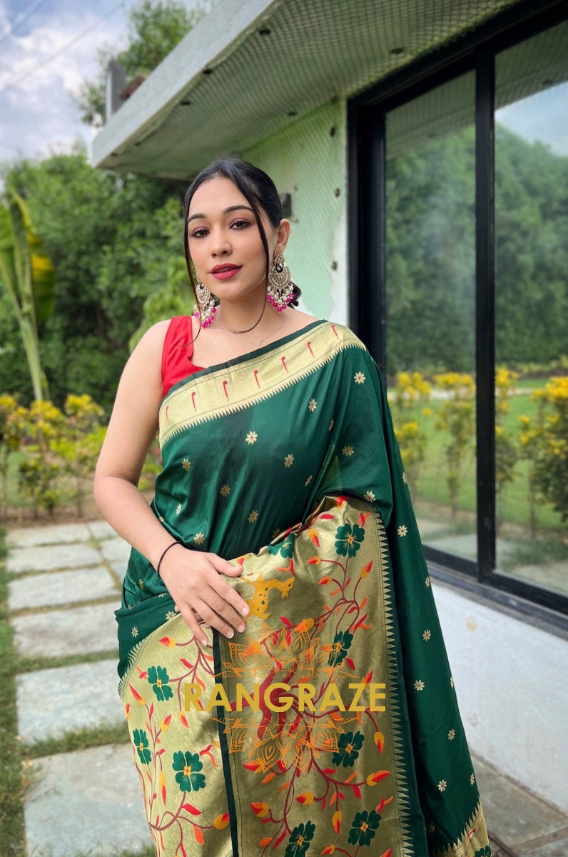 Teal Green Golden Pure Paithani Silk Saree With Traditional Border And Unique Motifs