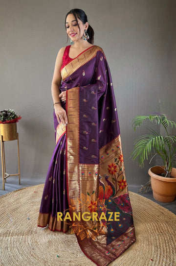 Purple Paithani Silk Saree With Golden Zari Peacock Work