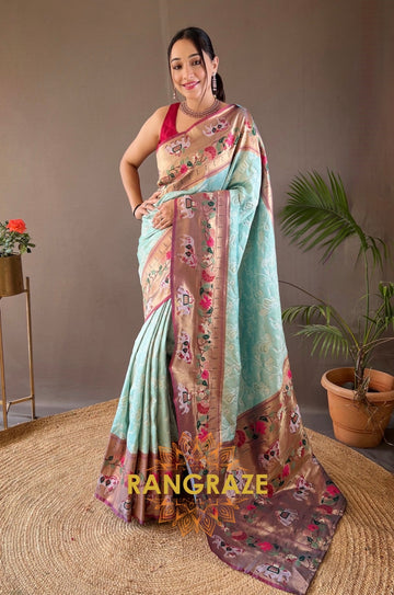 Golden Sea Green Lucknowi Concept Weaving Saree With Paithani And Patola Fusion