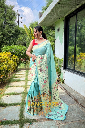 Sky Blue Golden Pure Paithani Silk Saree With Traditional Border And Unique Motifs