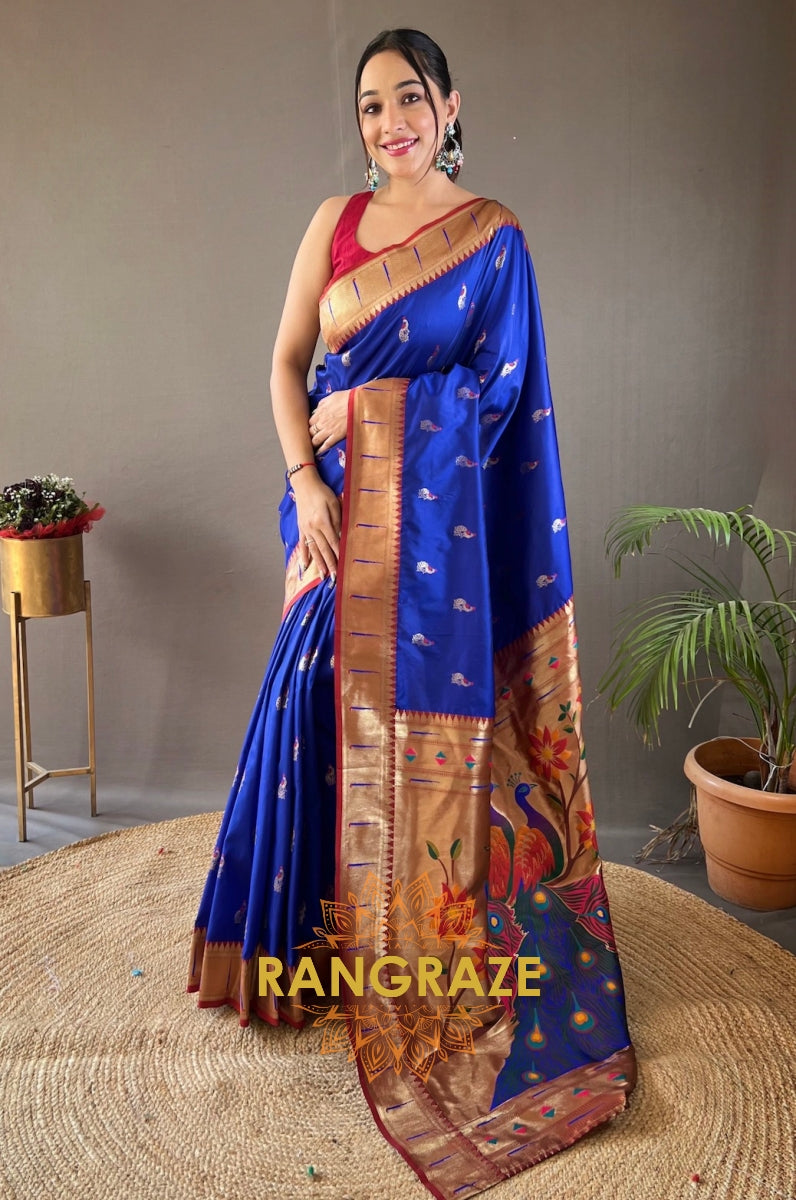 Pitch Blue Paithani Silk Saree With Golden Zari Peacock Work