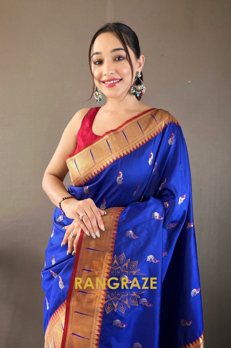 Pitch Blue Paithani Silk Saree With Golden Zari Peacock Work