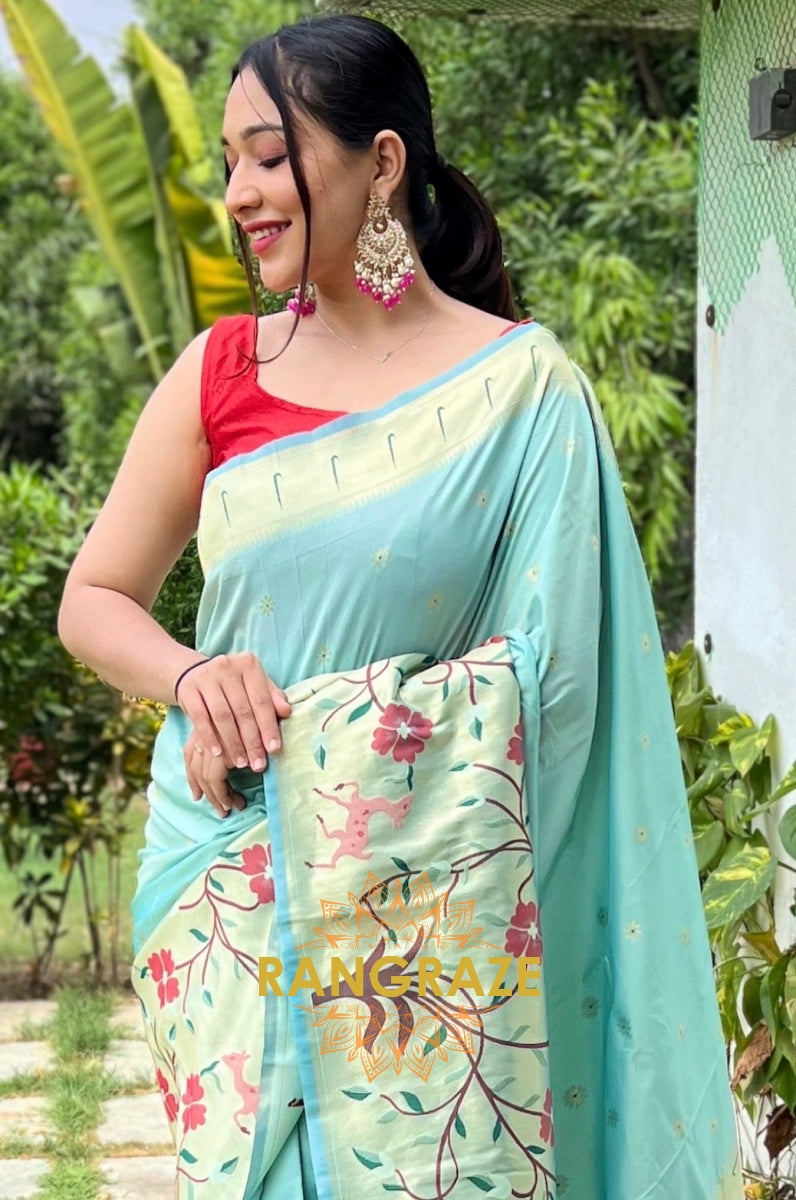 Sky Blue Golden Pure Paithani Silk Saree With Traditional Border And Unique Motifs