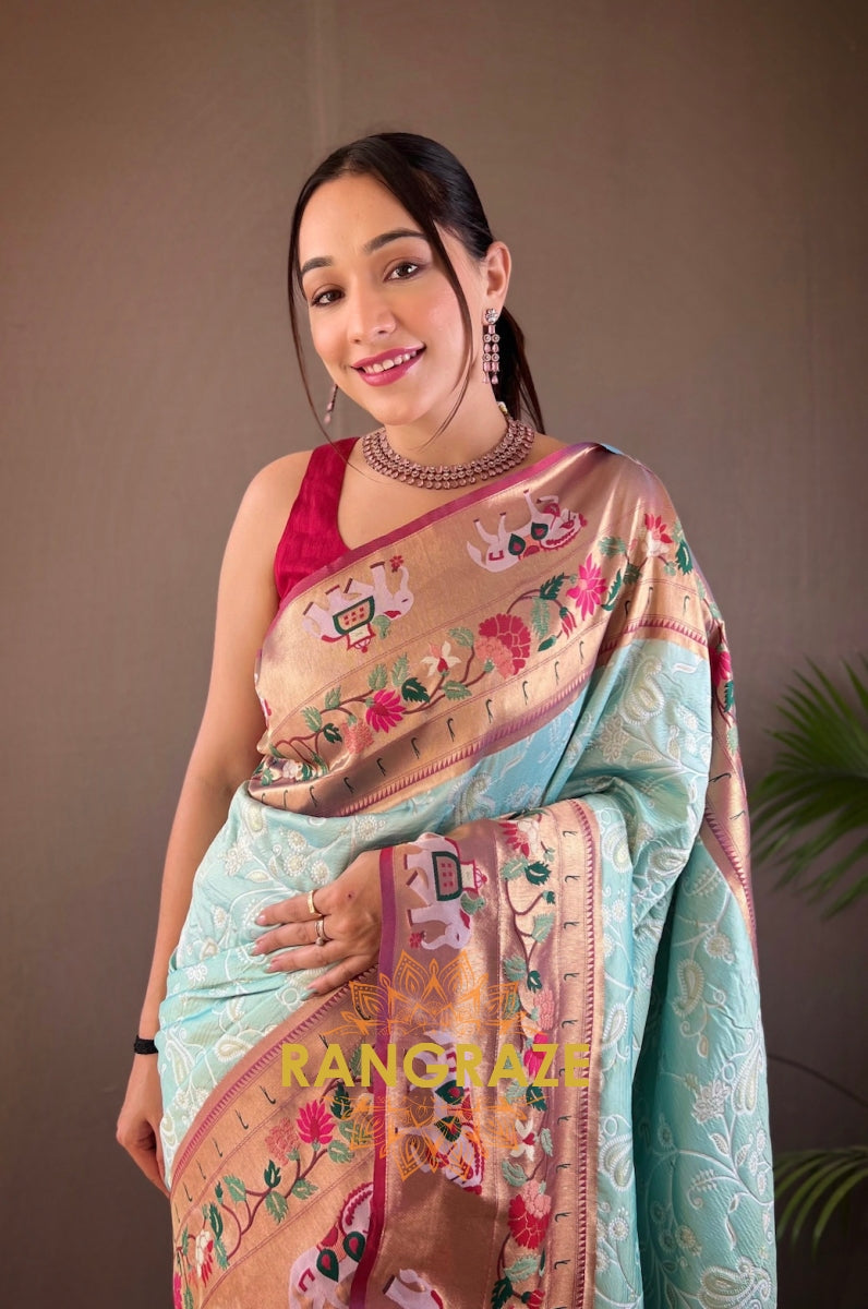 Golden Sea Green Lucknowi Concept Weaving Saree With Paithani And Patola Fusion