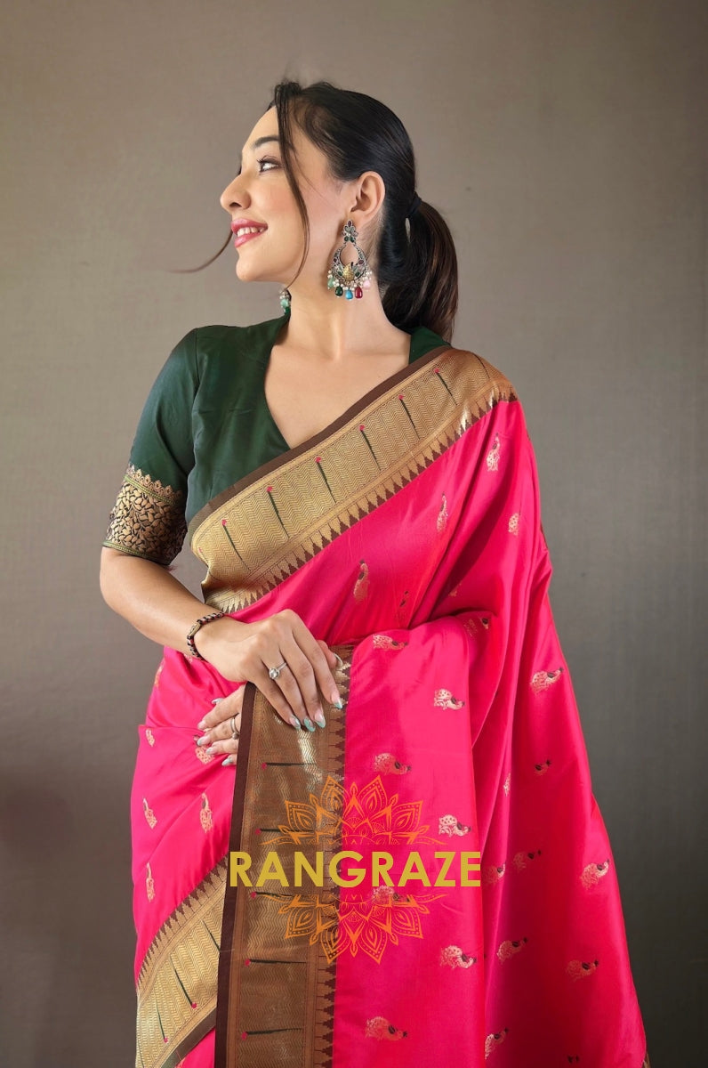 Magenta Pink Paithani Silk Saree With Golden Zari Peacock Work