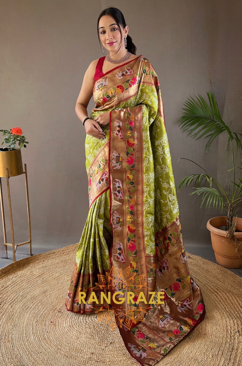 Golden Lime Green Lucknowi Concept Weaving Saree With Paithani And Patola Fusion