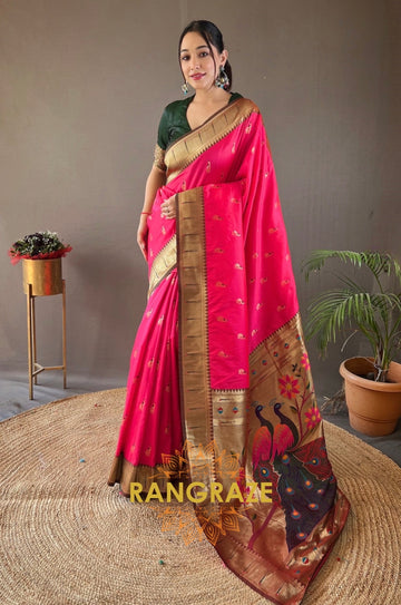 Magenta Pink Paithani Silk Saree With Golden Zari Peacock Work