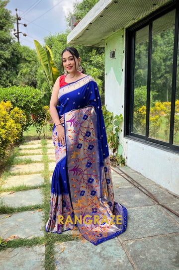 Golden Blue Pure Paithani Silk Saree With Traditional Border And Unique Motifs