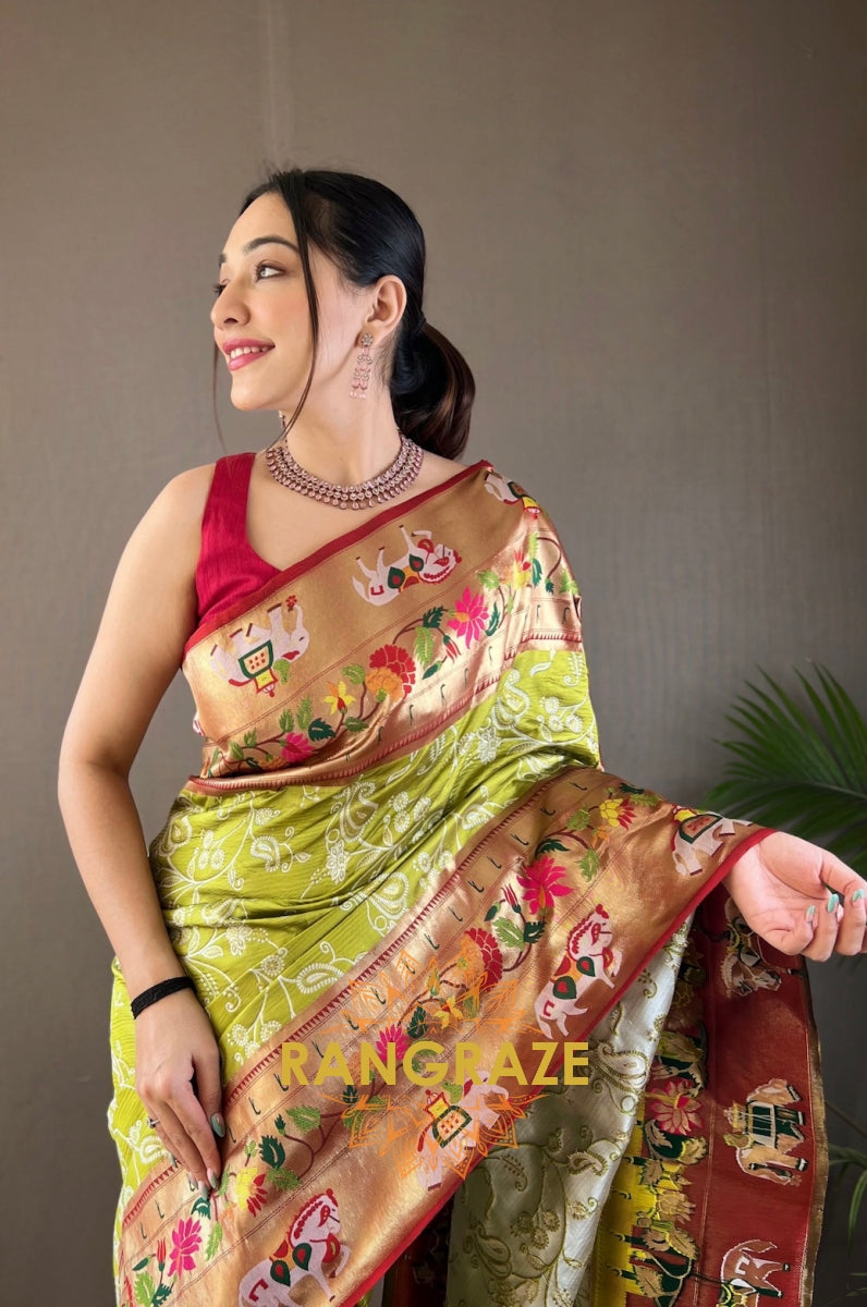 Golden Lime Green Lucknowi Concept Weaving Saree With Paithani And Patola Fusion