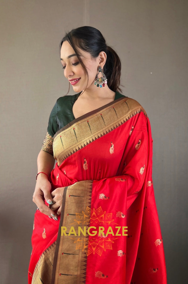 Pitch Red Paithani Silk Saree With Golden Zari Peacock Work