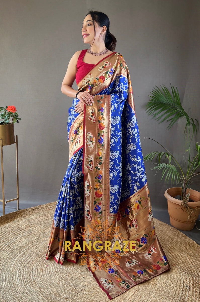 Golden Blue Lucknowi Concept Weaving Saree With Paithani And Patola Fusion