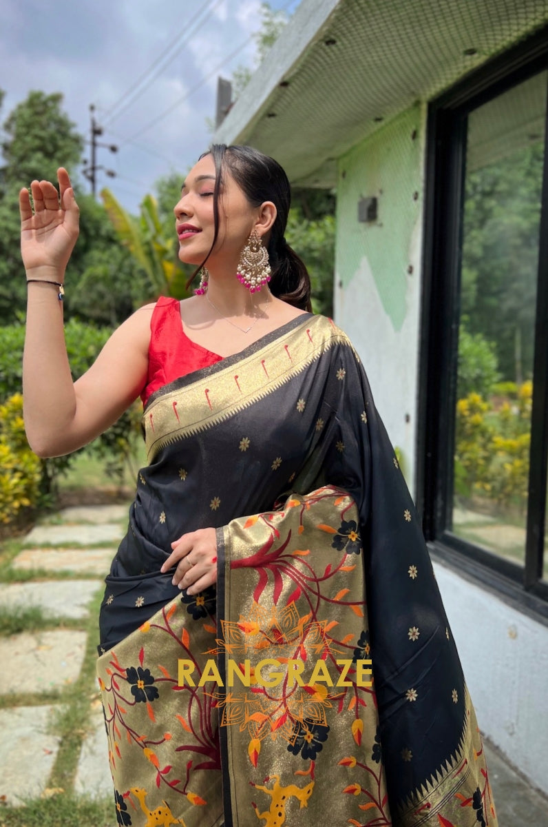 Golden Black Pure Paithani Silk Saree With Traditional Border And Unique Motifs