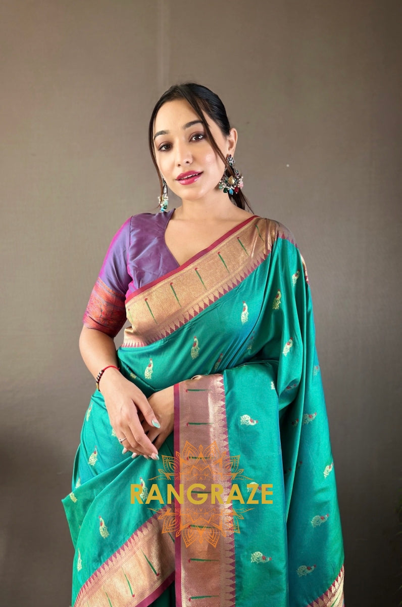 Turquoise Paithani Silk Saree With Golden Zari Peacock Work