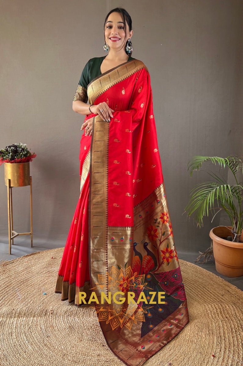 Pitch Red Paithani Silk Saree With Golden Zari Peacock Work