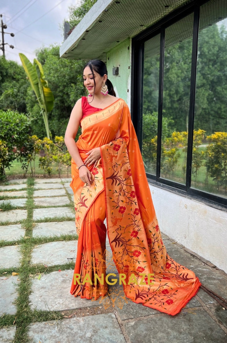 Golden Orange Pure Paithani Silk Saree With Traditional Border And Unique Motifs