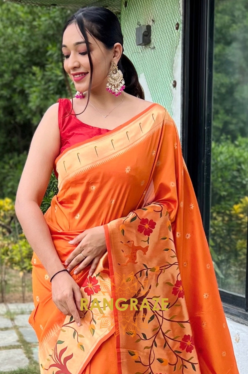 Golden Orange Pure Paithani Silk Saree With Traditional Border And Unique Motifs