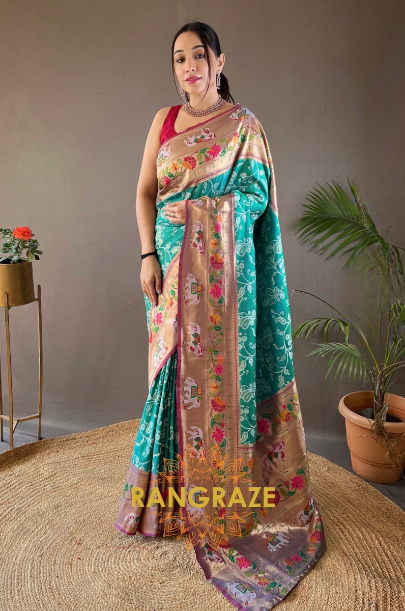 Golden Turquoise Lucknowi Concept Weaving Saree With Paithani And Patola Fusion