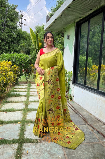 Lime Green Golden Pure Paithani Silk Saree With Traditional Border And Unique Motifs