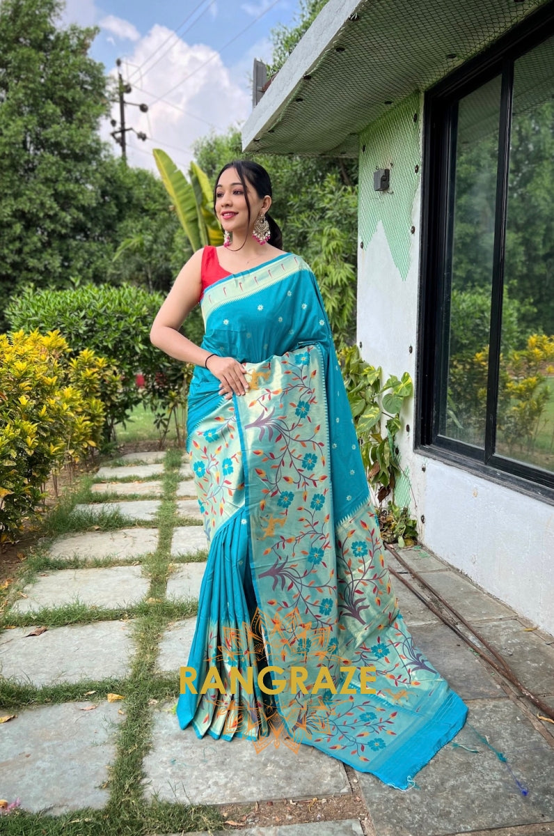 Blue Turquoise Golden Pure Paithani Silk Saree With Traditional Border And Unique Motifs