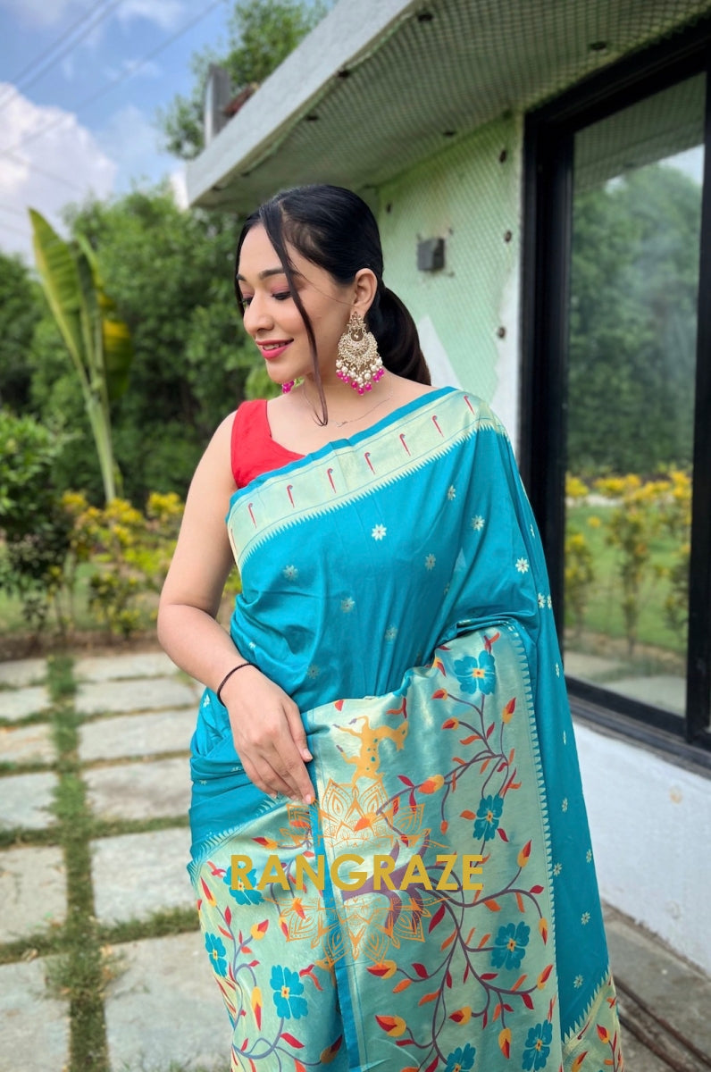 Blue Turquoise Golden Pure Paithani Silk Saree With Traditional Border And Unique Motifs