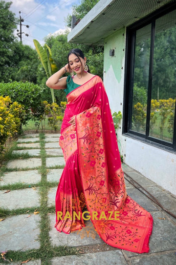 Magenta Pink Golden Pure Paithani Silk Saree With Traditional Border And Unique Motifs