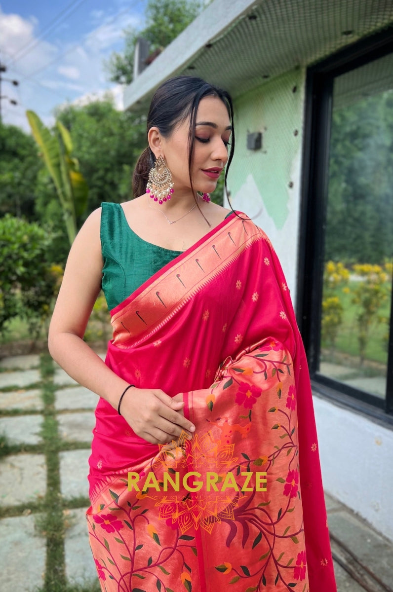 Magenta Pink Golden Pure Paithani Silk Saree With Traditional Border And Unique Motifs