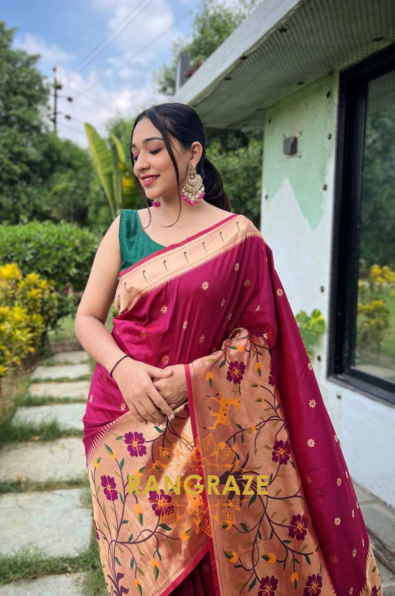 Golden Maroon Pure Paithani Silk Saree With Traditional Border And Unique Motifs