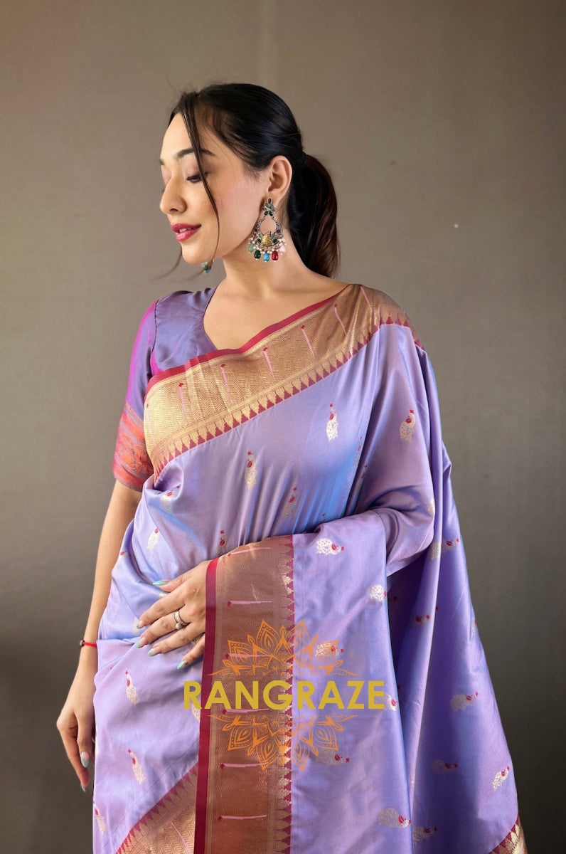 Lilac Lavender Paithani Silk Saree With Golden Zari Peacock Work