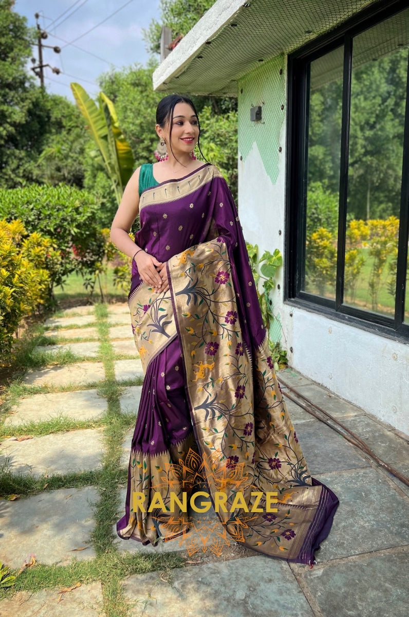 Golden Purple Pure Paithani Silk Saree With Traditional Border And Unique Motifs