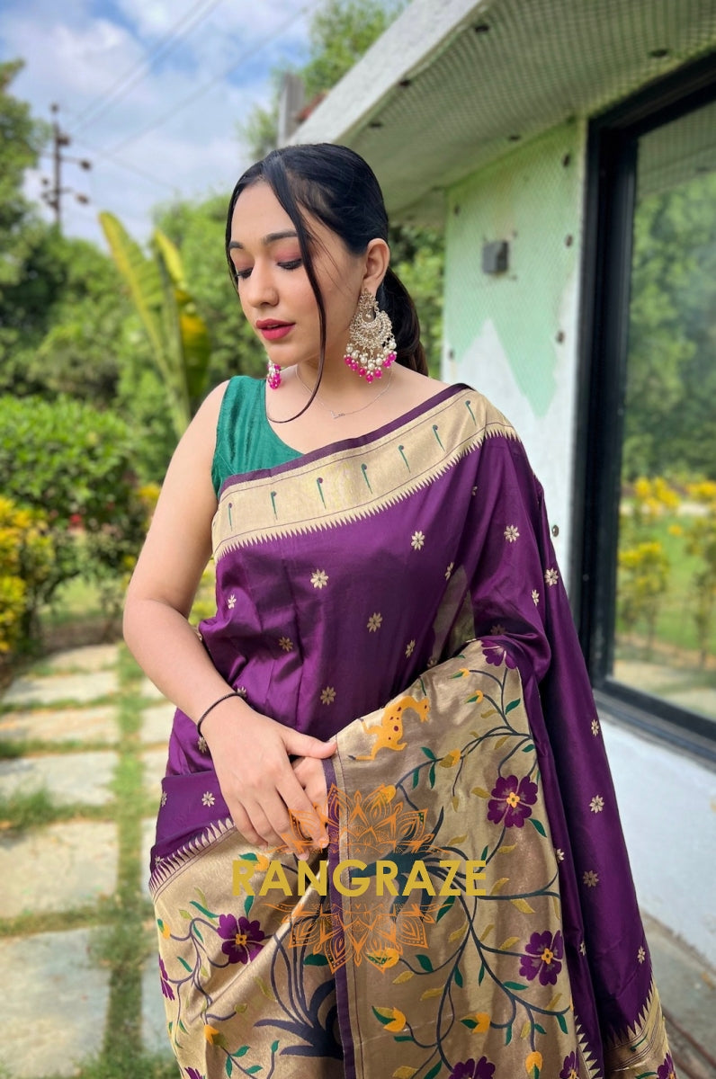 Golden Purple Pure Paithani Silk Saree With Traditional Border And Unique Motifs